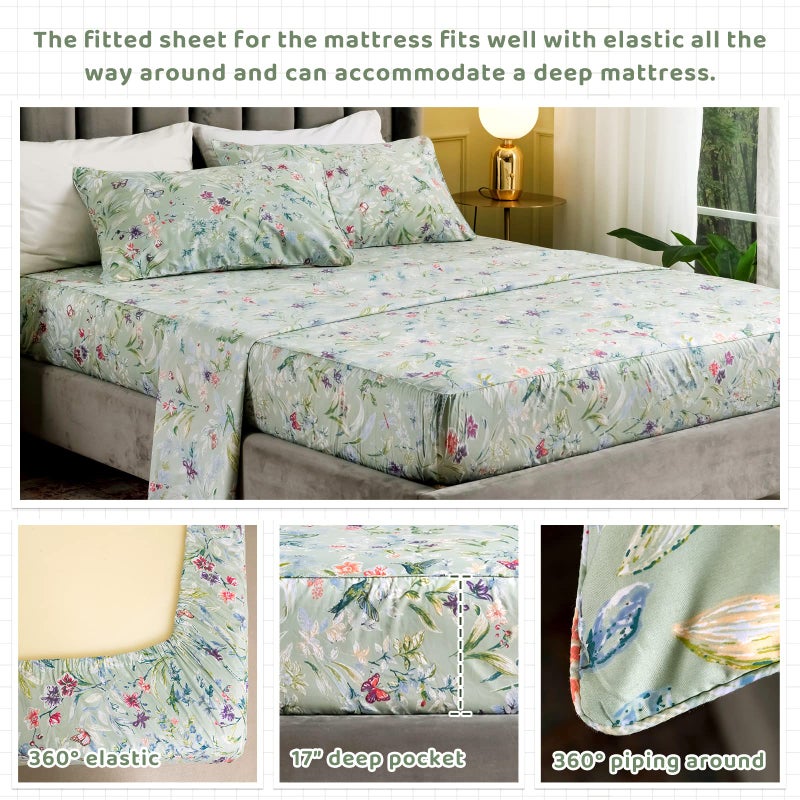 QSH Floral King Size Sheet Sets - Green Flower Bird Butterfly Print Botanical Bedding Egyptian Cotton Printed Sheets King Size Bed Extra Soft and Breathable 17.5" Deep Pockets Bed Sheets 4pcs - Image 3